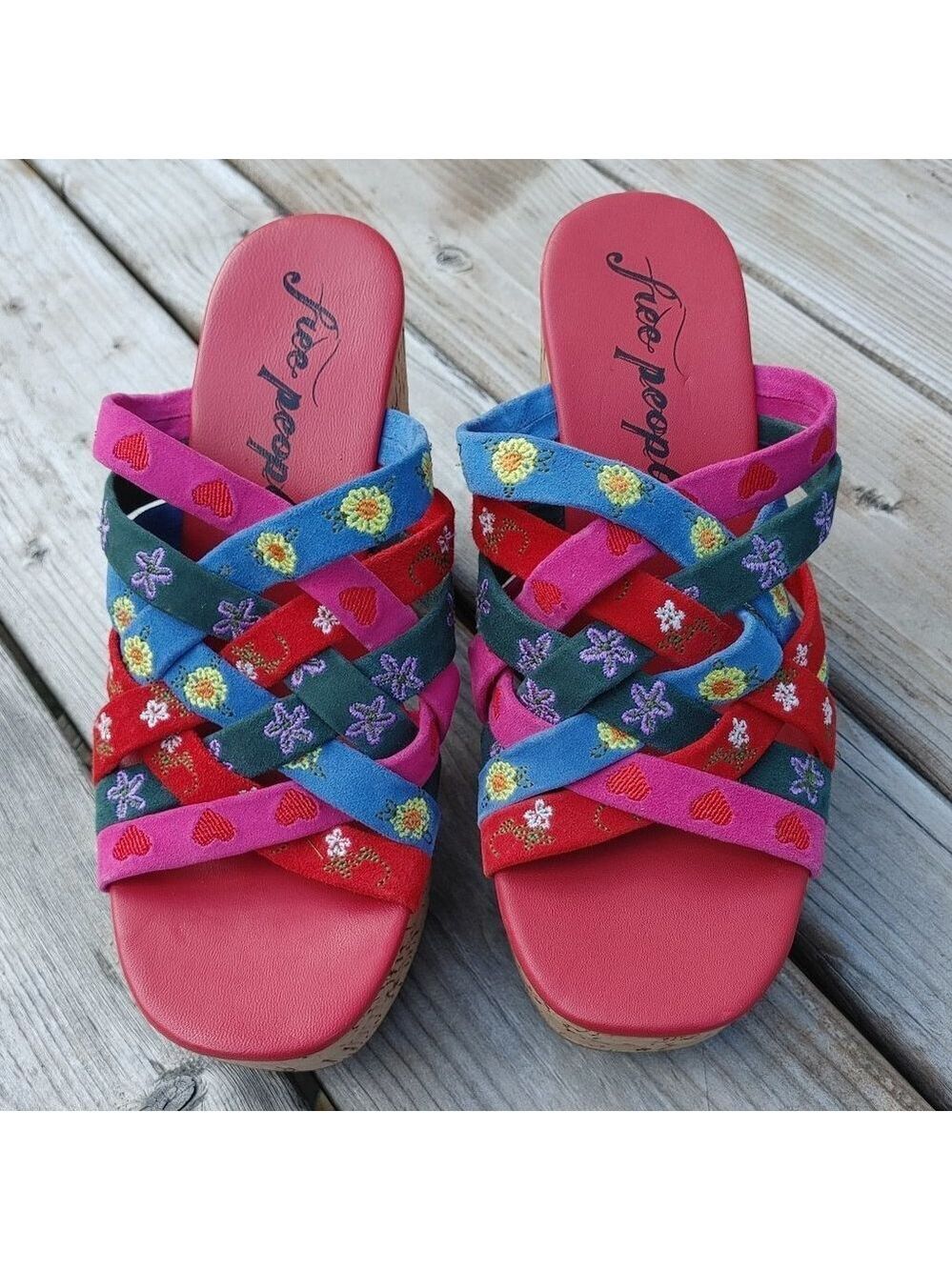 Free People Lisbon Platform Mules Sandal Embroidery Cherry Multi Cork 39/9 NEW
